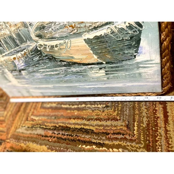vintage oil painting On Canvas Rope Frame “ Boats In the Dock” 20”X25”picture - Picture 4 of 7